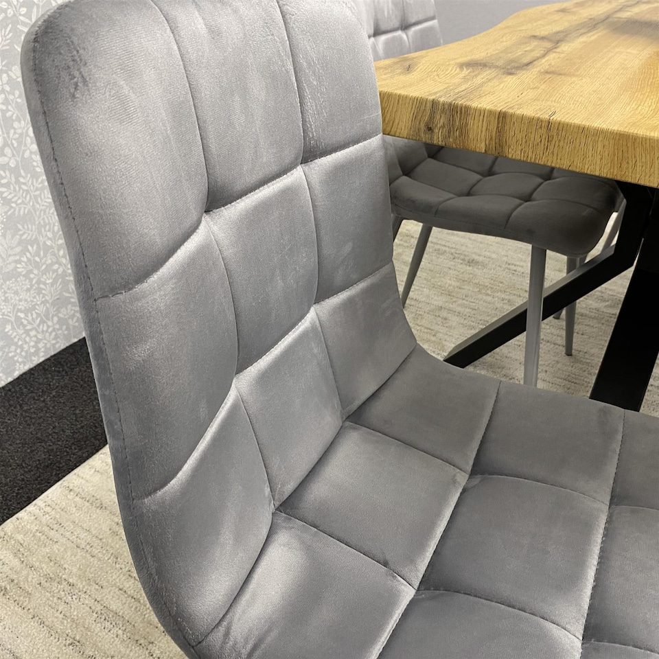 image 1 of Wooden Dining Table with 4 Grey Velvet Chairs, Stylish Dining Room Furniture