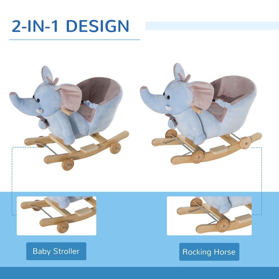 image 1 of HOMCOM 2 In 1 Plush Baby Ride on Rocking Horse Elephant Rocker with Wheels Wooden Toy for Kids 32 Songs for 18 Plus Months (Blue)