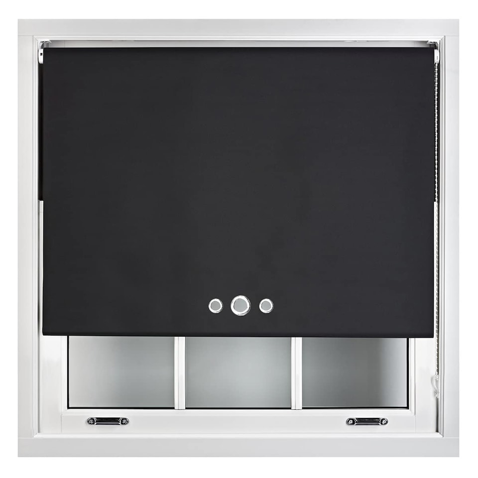 image 1 of FURNISHED Blackout Roller Blinds with Triple Round Eyelets Cut to Size Easy Fit Window Shade | Black | Black | (W) 120cm x (L) 165cm
