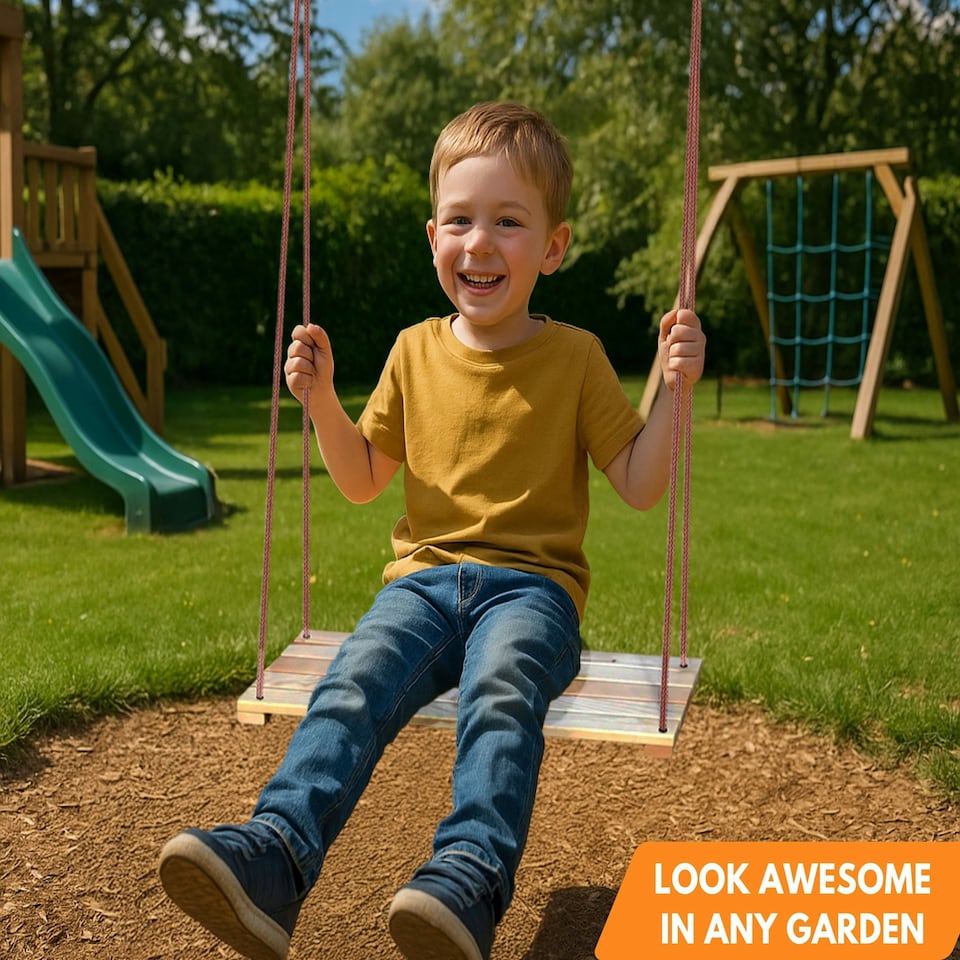 image 1 of NOVECRAFTO Wooden Swing Seat for Gardens – Durable Outdoor Hanging Swing for Kids & Adults – Strong Rope & Wooden Seat for Relaxation or Play