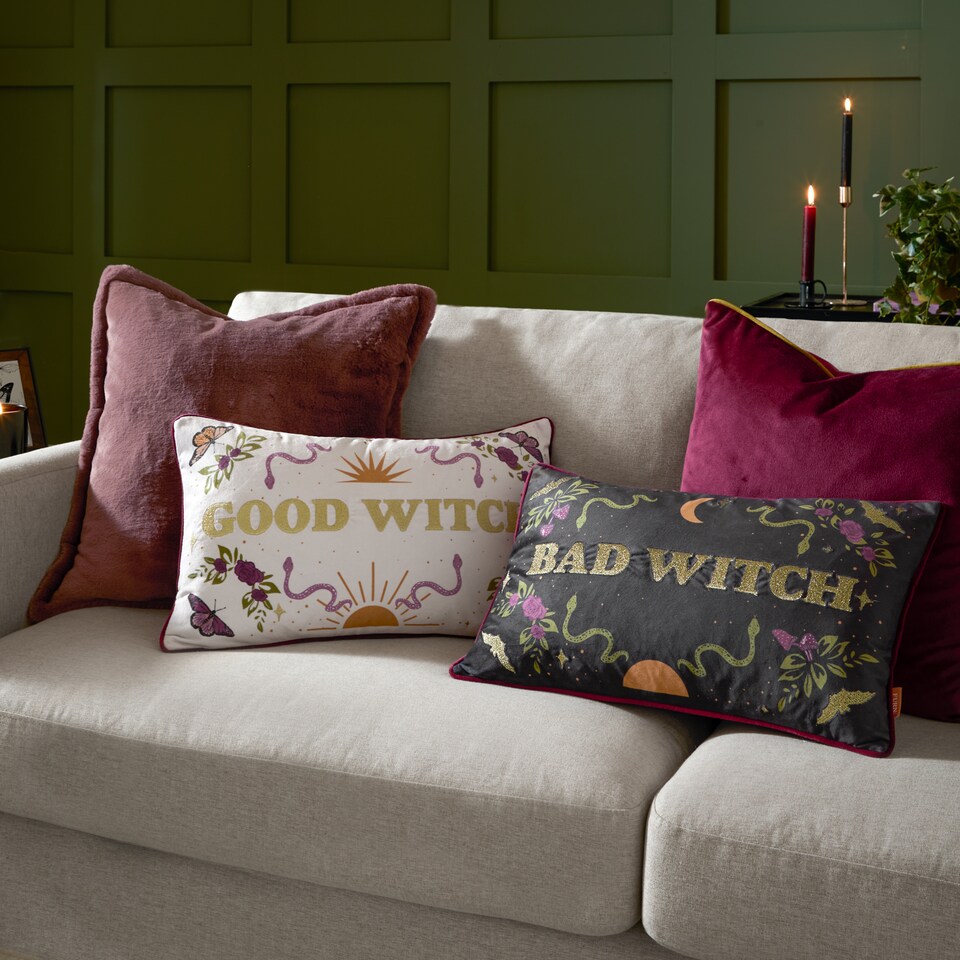 image 1 of Furn Bad Witch Embroidered Velvet Cushion | Black | Black Magic