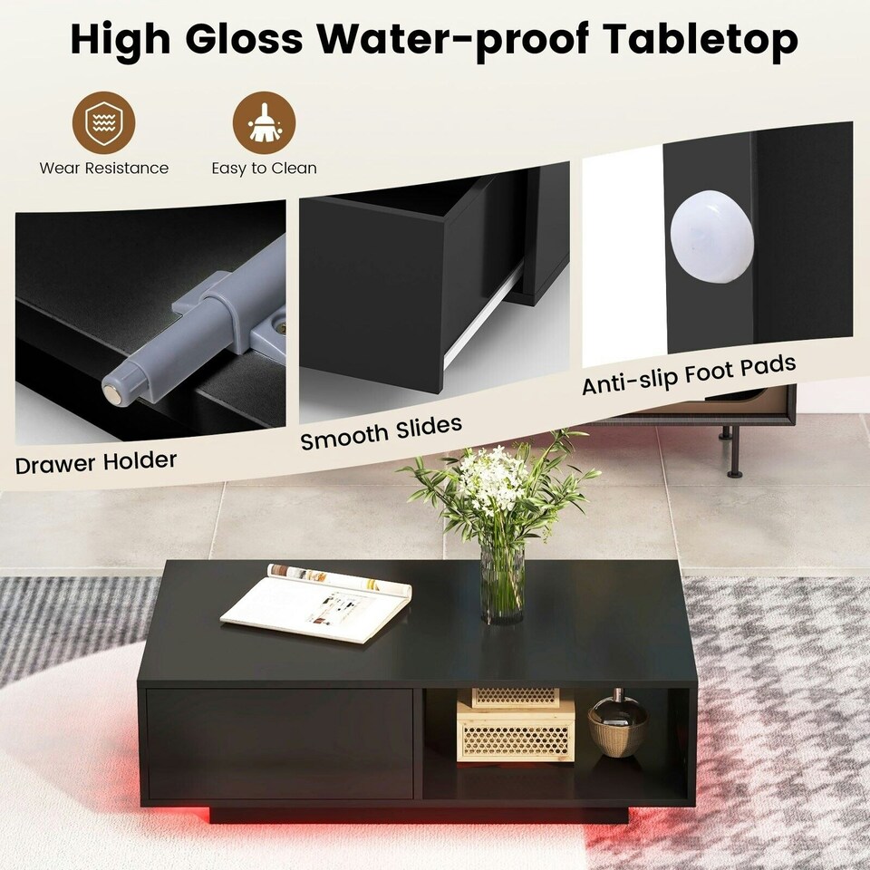 image 1 of COSTWAY Coffee Table w/LED Lights Rectangle Table Black