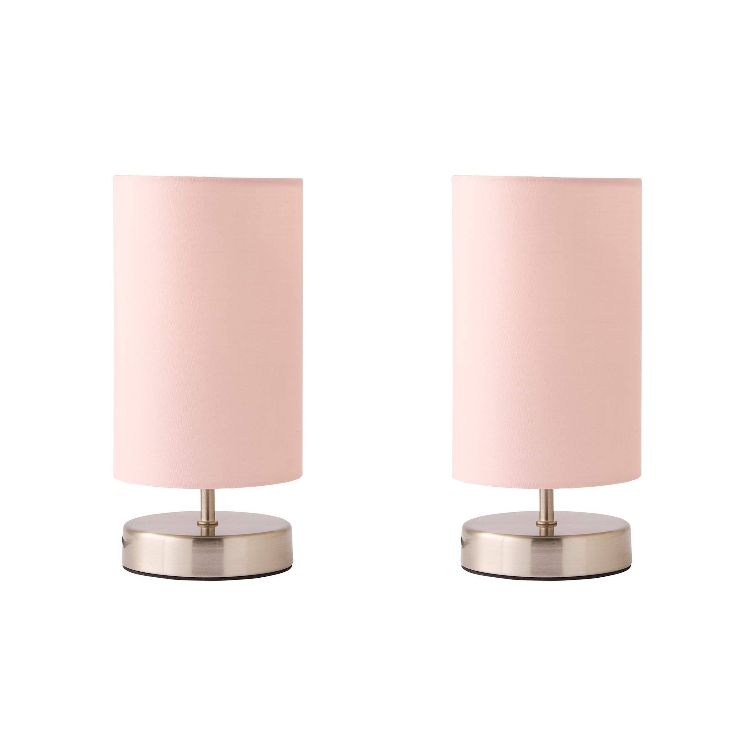 ValueLights Francis Pair of Brushed Chrome Dimmable Touch Table Lamps in Dusty Pink