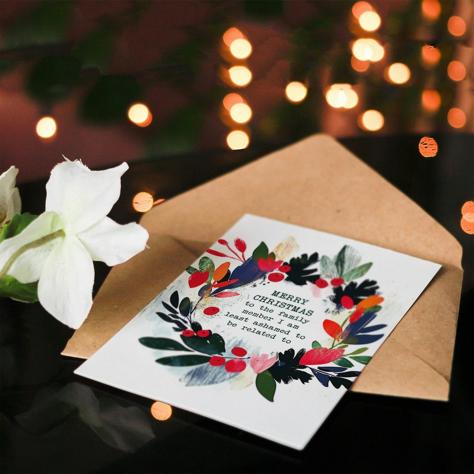image 1 of To Family Member Least Ashamed To Be Related To Blank For Him Or Her Art Christmas Card