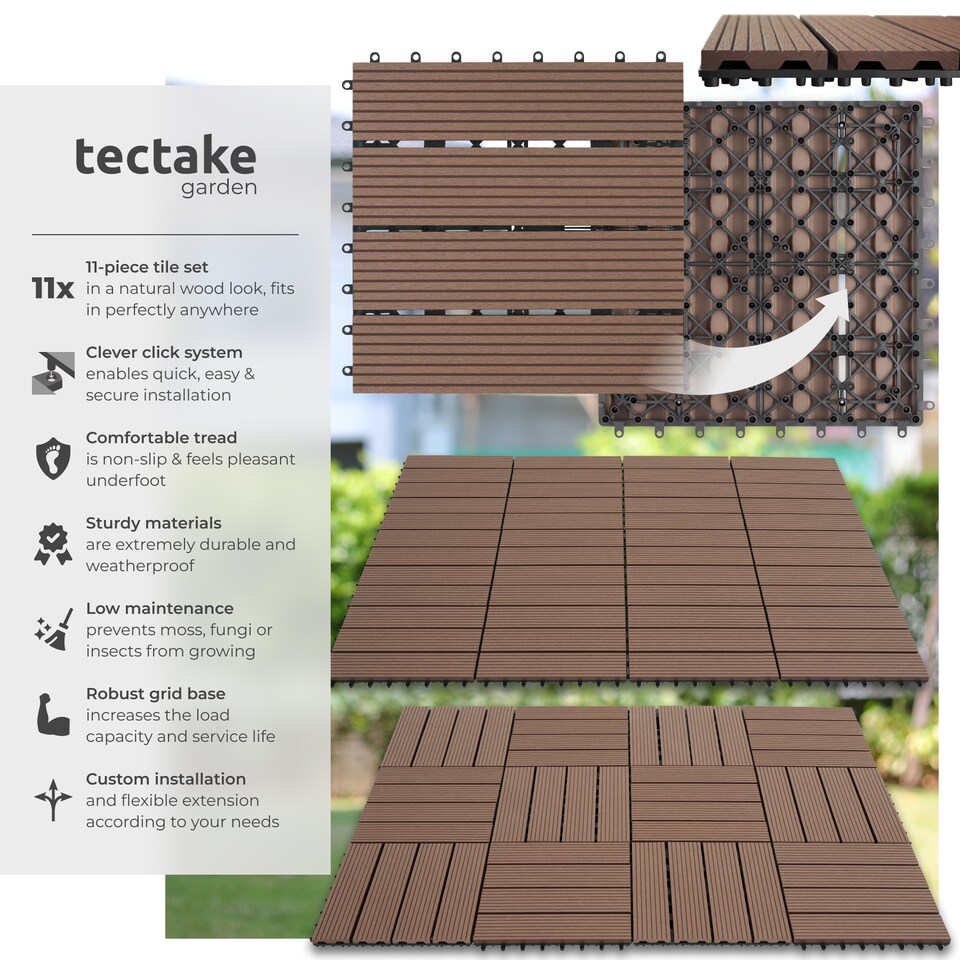 image 1 of Composite Decking Tegulas - click system, wood look, outdoor safe | Brown | brown | 31 x 31 x 2,20 cm | 11
