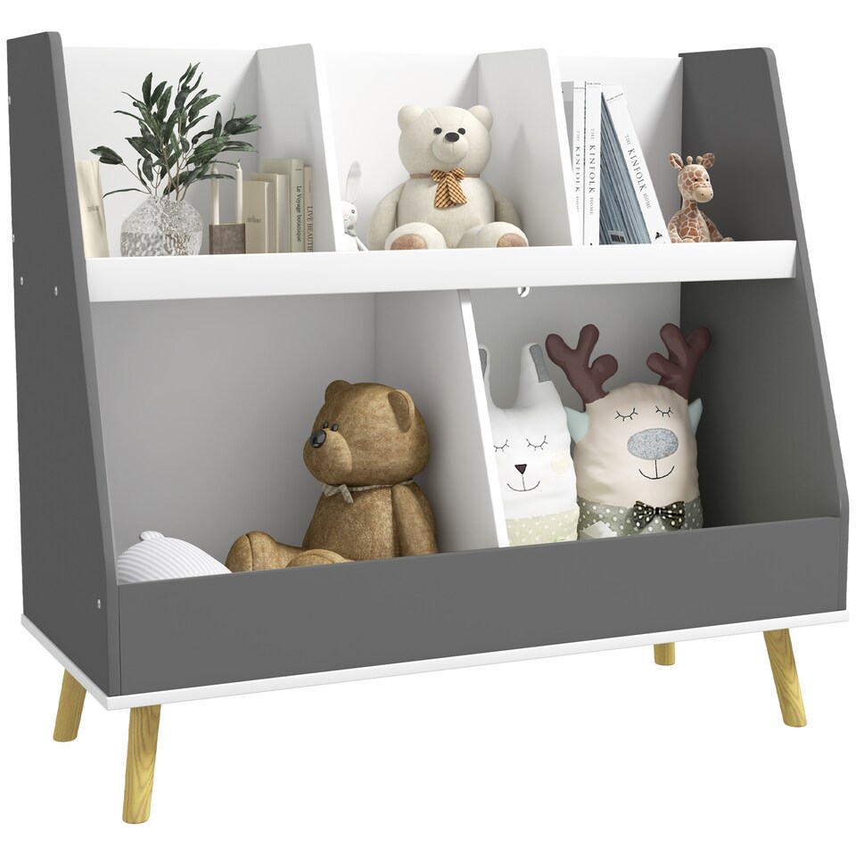 image 1 of HOMCOM Kids Storage Shelf, 2-Tier Kids Book Shelf with 5 Compartments, Anti-Tip Device, Pine Wood Legs, for Nursery, Playroom, Classroom - Grey
