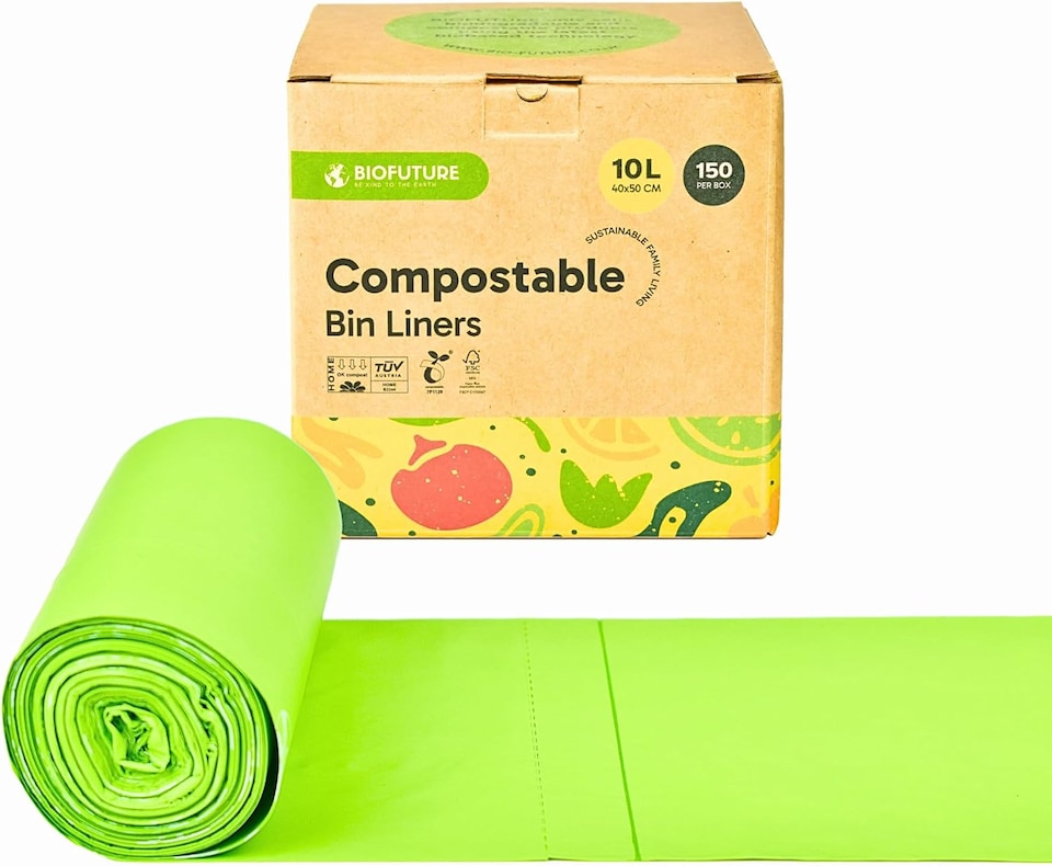 image 1 of Biofuture 10L x 150 Compostable Bin Liners | Home Compostable & Council Approved | Fits 9-11L Kitchen Food Waste Bins | EN13432 Certified & TUV Certified