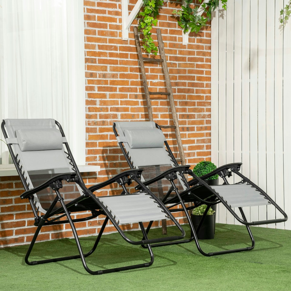 image 1 of Outsunny Foldable Garden Recliner Chair Set of 2 w/ Footstool & Headrest, Grey