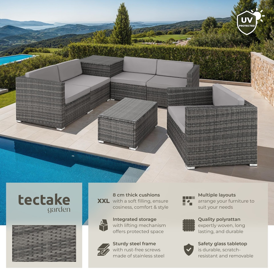 image 1 of Garden Furniture Set Pisa - modular sofa, armchair, coffee table, cushion storage box | Grey | grey | 67 x 75 x 64,50 cm | 1