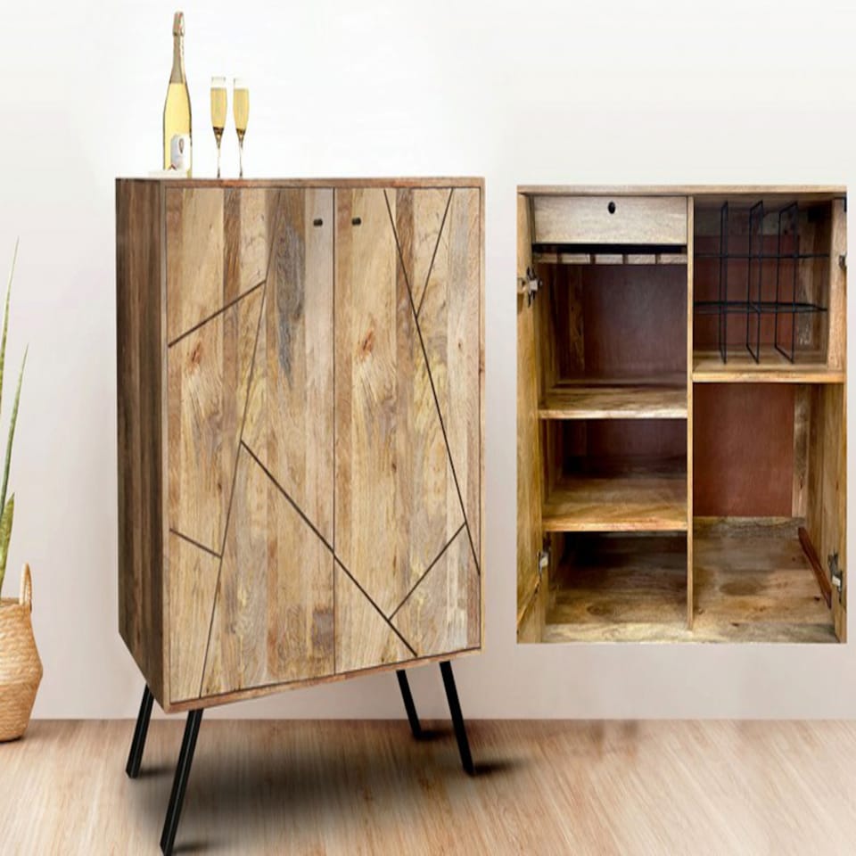 image 1 of Amar Wine Rack/Bar - Iron Base - Mango Wood/Iron - L46 x W90 x H99 cm - Light Finish - Assembly Required