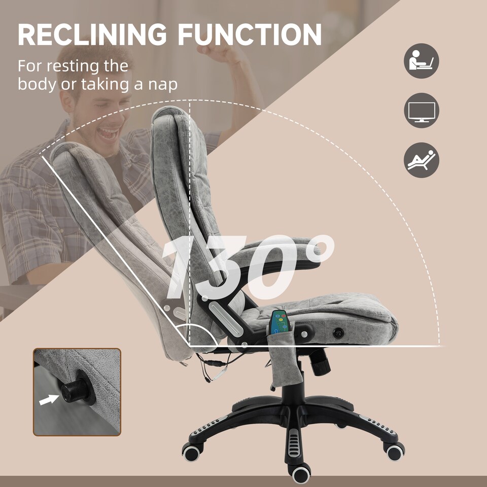 image 1 of Vinsetto Office Chair, Ergonomic Desk Chair with 6-Point Massage and Back Heated, Microfiber Cloth Computer Gaming Chair with Arms, Lumbar Support, Gray