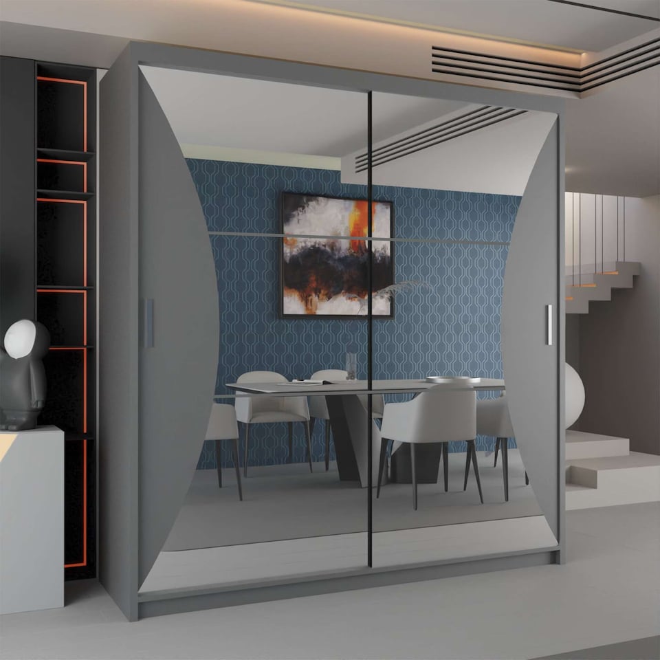 image 1 of Modern Curved Mirror Sliding Door Wardrobe with Silver Handles - Grey 150cm