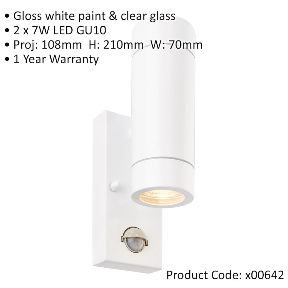 image 1 of Twin Up & Down IP44 Wall Light with PIR Sensor - 2 x 7W GU10 LED - Gloss White