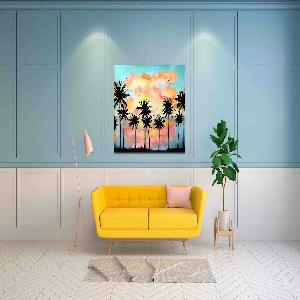 image 1 of Watercolor tropical landscape with palms, ocean, orange clouds at the sunset (Canvas Prints) 86cm x 60cm