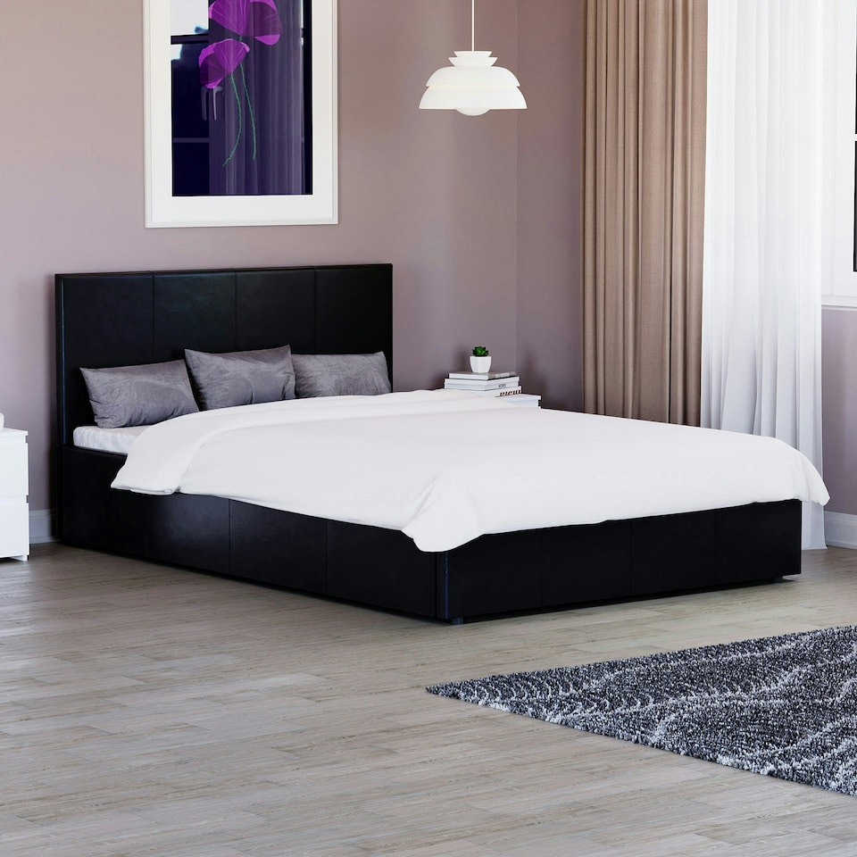 image 1 of Vida Designs Lisbon 4ft Small Double Size Ottoman Bed Storage Faux Leather, Black, 120 x 190cm