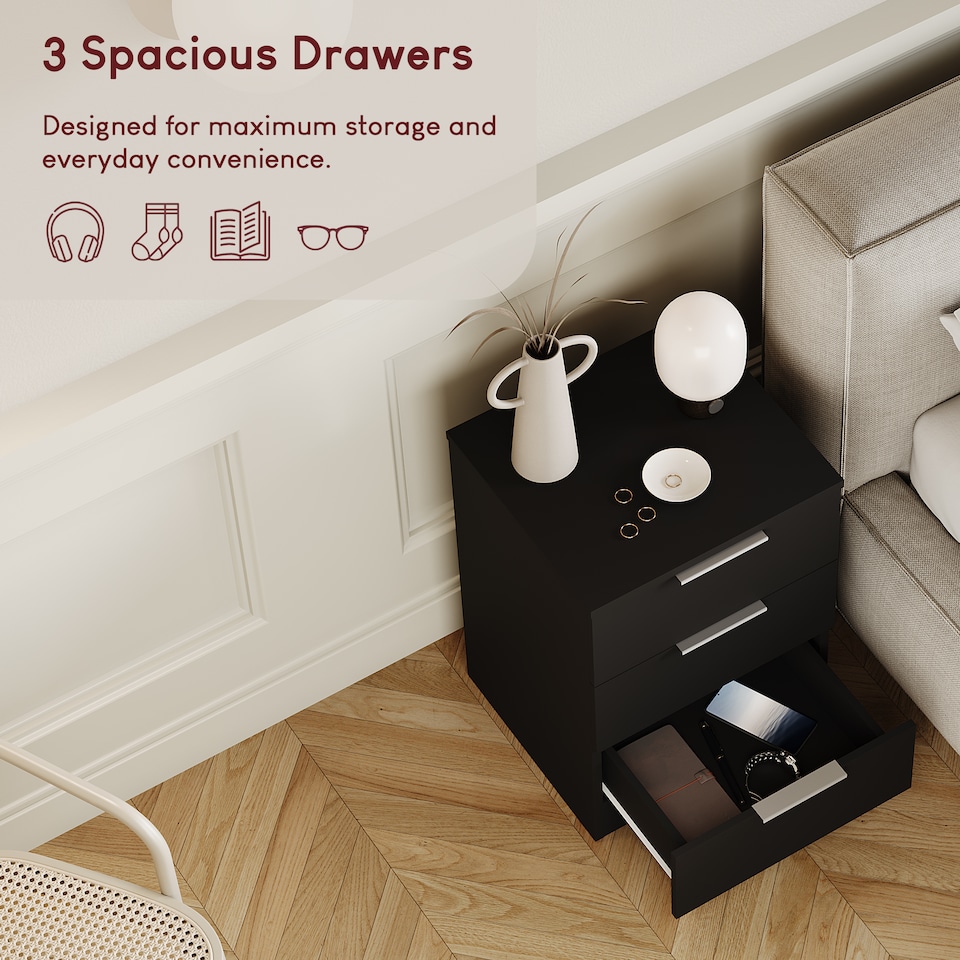 image 1 of Vida Designs Trega 3 Drawer Bedside Chest Bedroom Storage Unit, (H) 50cm x (W) 39cm x (D) 28cm, Black