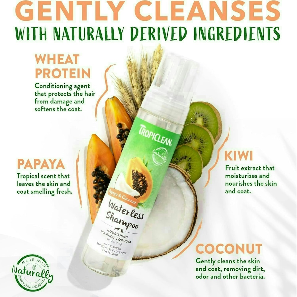 image 1 of TropiClean Moisturising Waterless Dog and Cat Shampoo Papaya & Coconut, 220ml