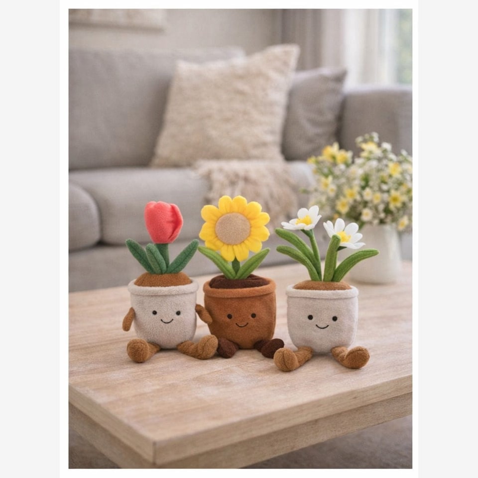 image 1 of Gisela Graham Easter Set of 3 Plush Flower Pot Shelf Sitters - Tulip, Daisy, Sunflower