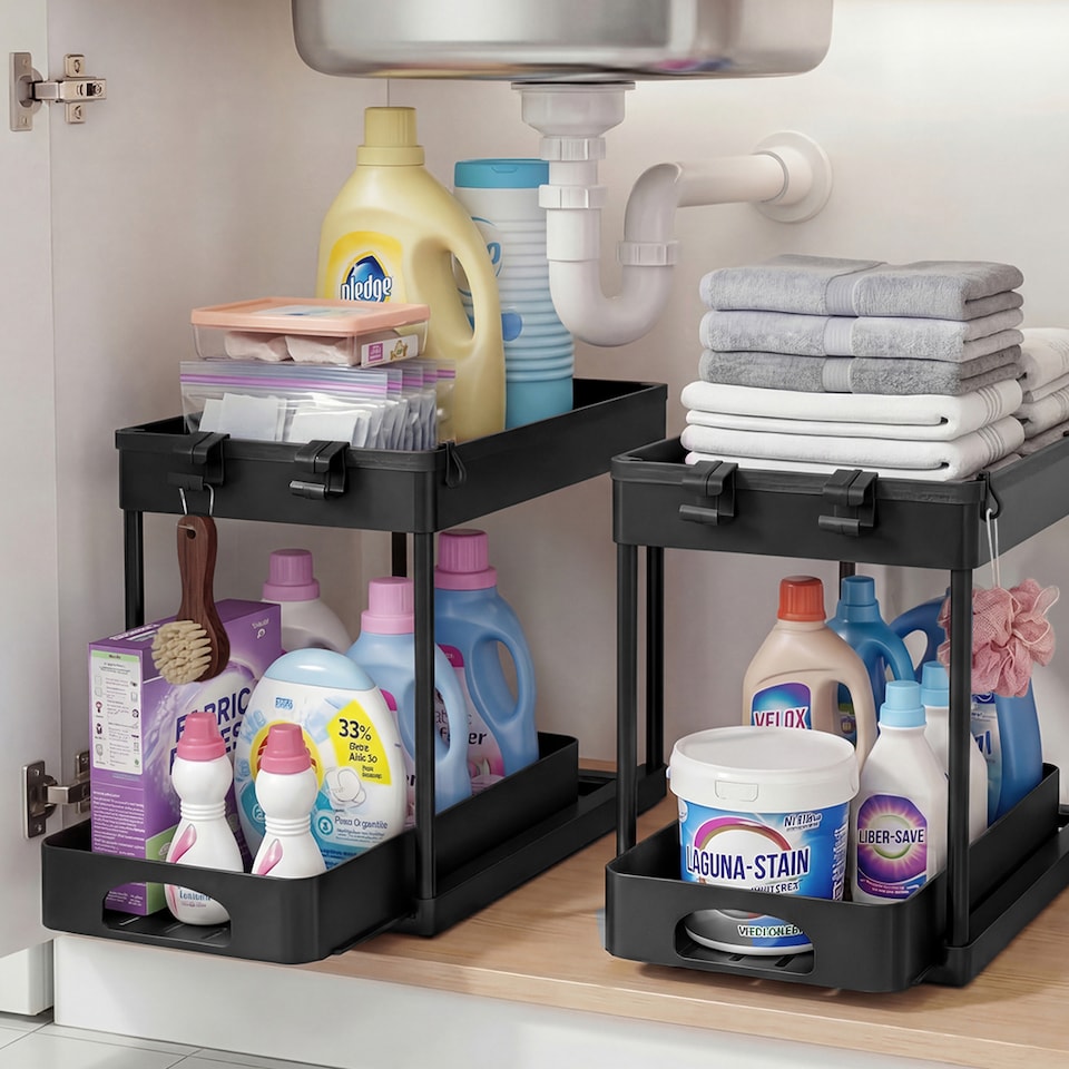 image 1 of Toque Under Sink Storage Kitchen Sliding Drawer Pull Out Organiser 2 Pack Black