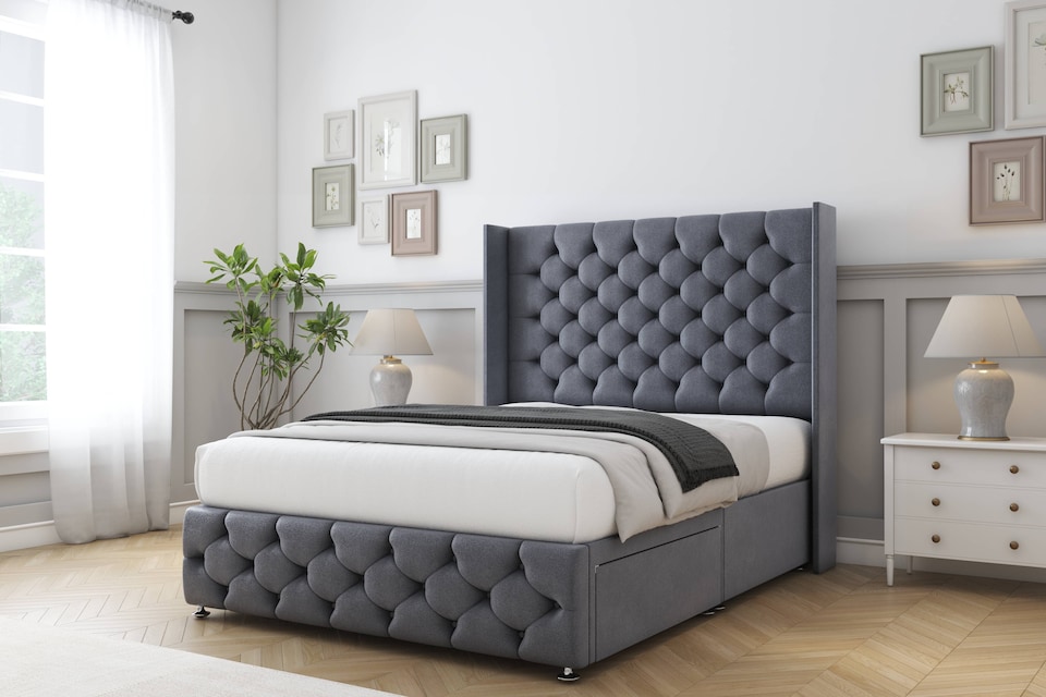 image 1 of Sloomy Luthor Steel Plush Divan Bed Base No Drawers With 54 Inch Wingback Headboard & 12 Inch Matching Footboard | Grey | Steel | Small Double | 1