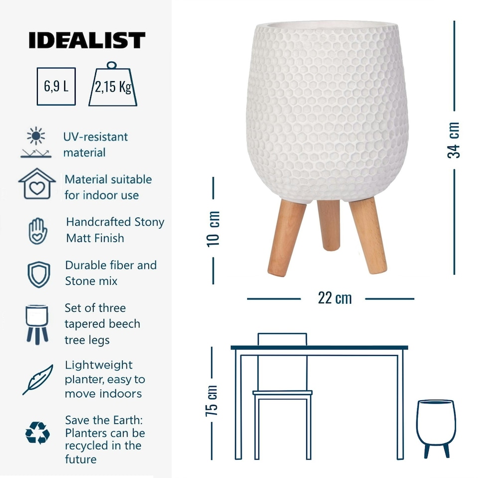image 1 of Honeycomb Style White Planter with Legs, Round Indoor Plant Pot Stand for Indoor Plants by Idealist Lite D21 H34 cm, 6L