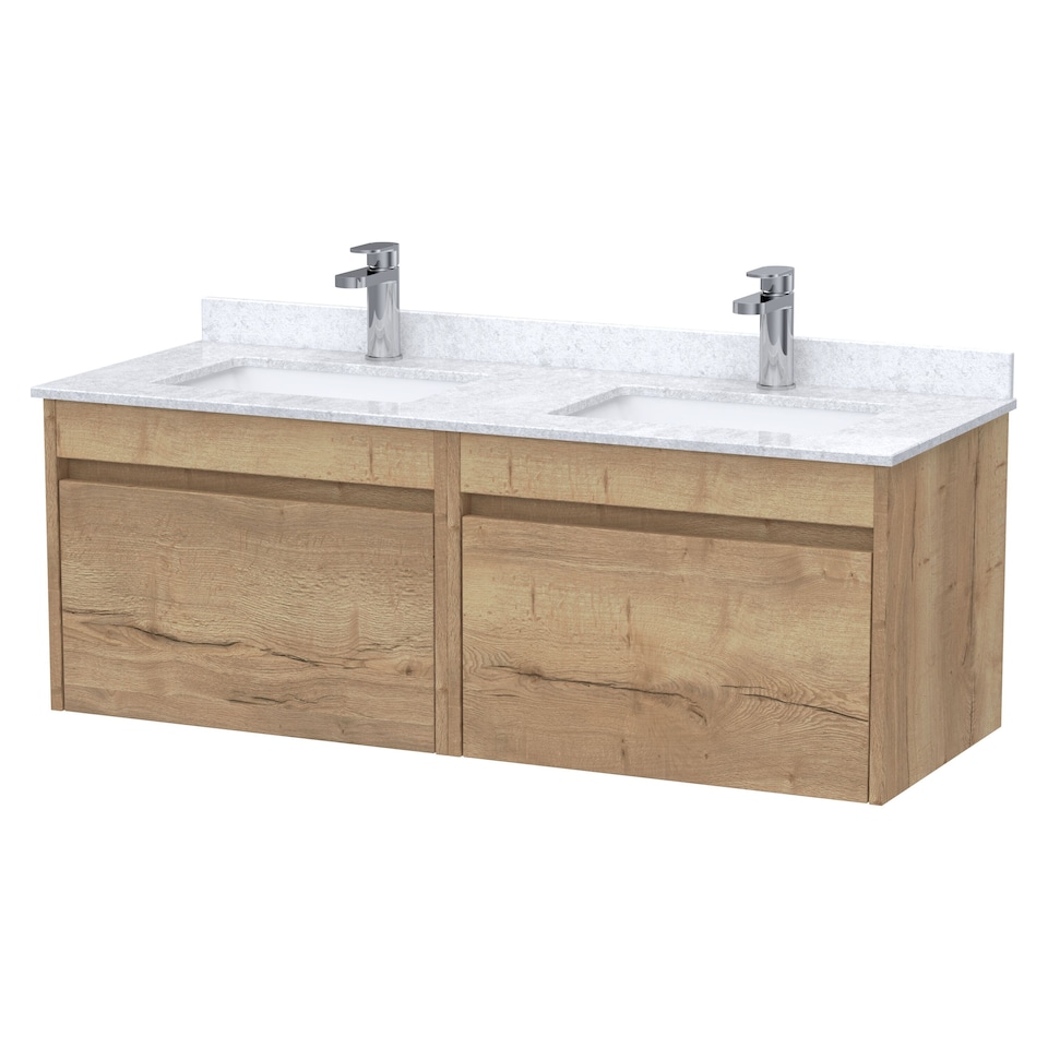 image 1 of Swainsley Contemporary Wall Hung 2 Drawer Vanity Unit with Marble Top with Basin, 1200mm, Autumn Oak