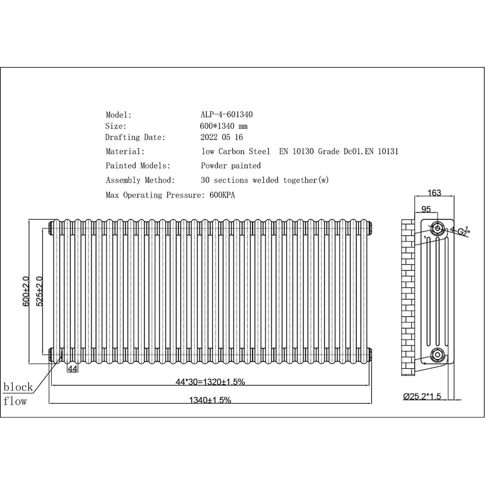 image 1 of Alpha - Raw Metal Column Radiator H600mm x W1340mm 4 Column