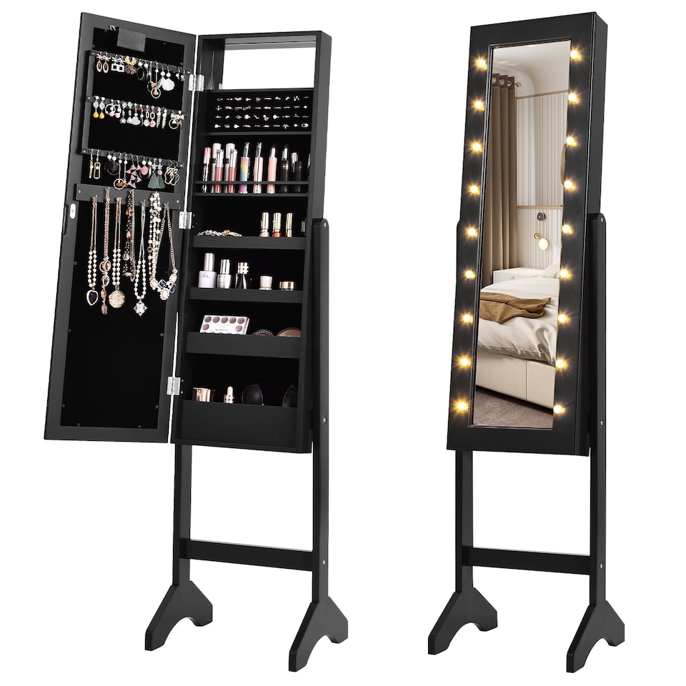 image 1 of COSTWAY 18 LEDs Jewelry Cabinet Floor Standing Jewelry Storage Organizer Black