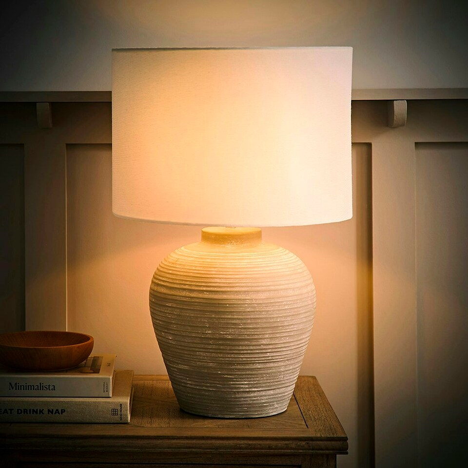 image 1 of ValueLights Reid Linen Drum Lamp Shade Stone Grey Ribbed Ceramic Large Table Lamp Grey
