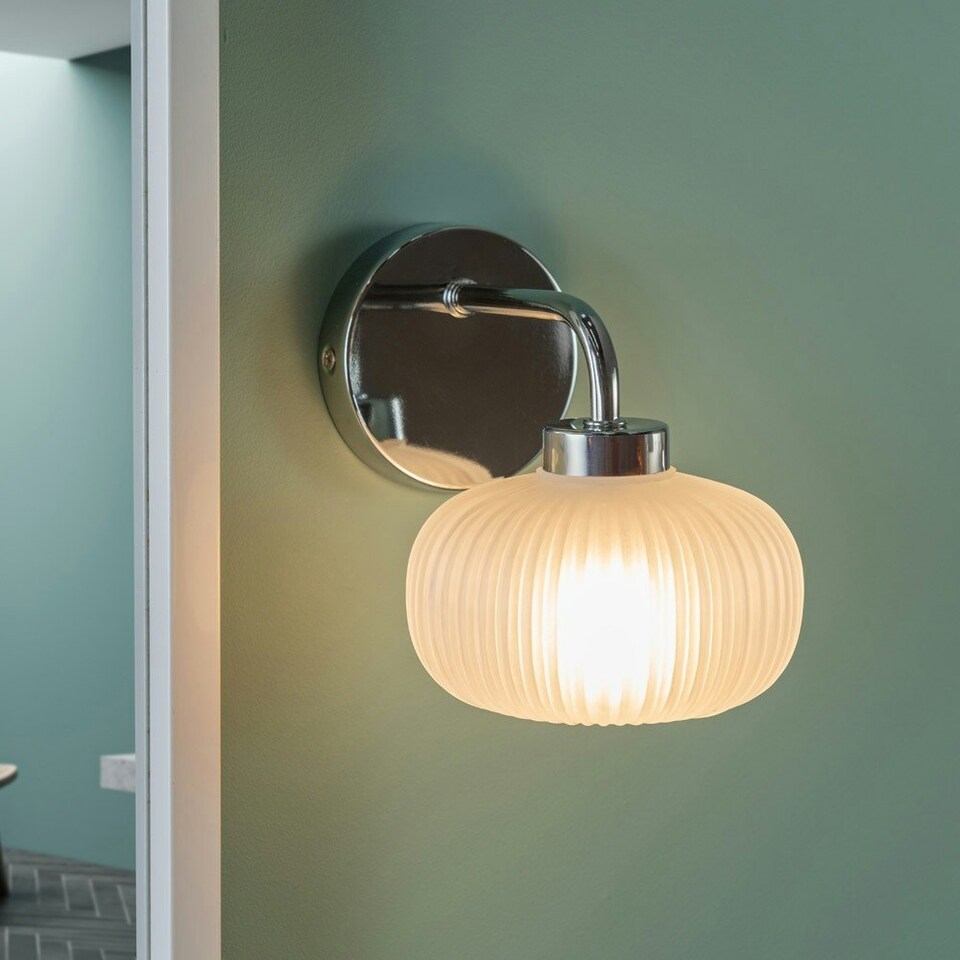 image 1 of ValueLights Amaia Polished Chrome IP44 Rated Single Frosted Ribbed Glass Wall Light