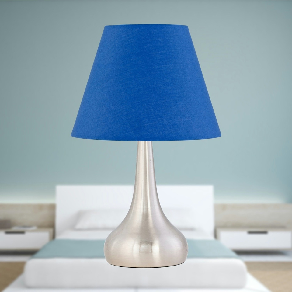 image 1 of Set of 2 Romana - Brushed Chrome Touch Lamps with Royal Blue Shades Silver | Blue