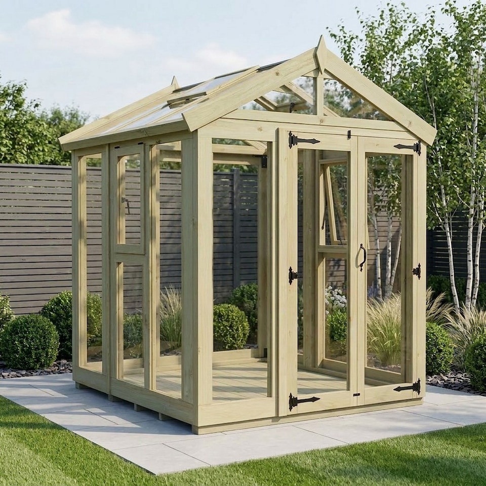 image 1 of 6ft x 6ft Apex Toughened Glass Greenhouse - Pressure Treated Timber - L183 x W183 x H210 cm - Natural