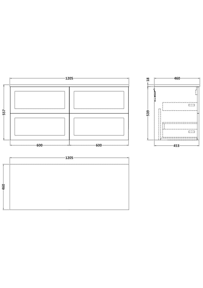 image 1 of Balterley Stonnall Traditional Wall Hung 4 Drawer Vanity Unit with Laminate Worktop, 1200mm, Pebble Grey