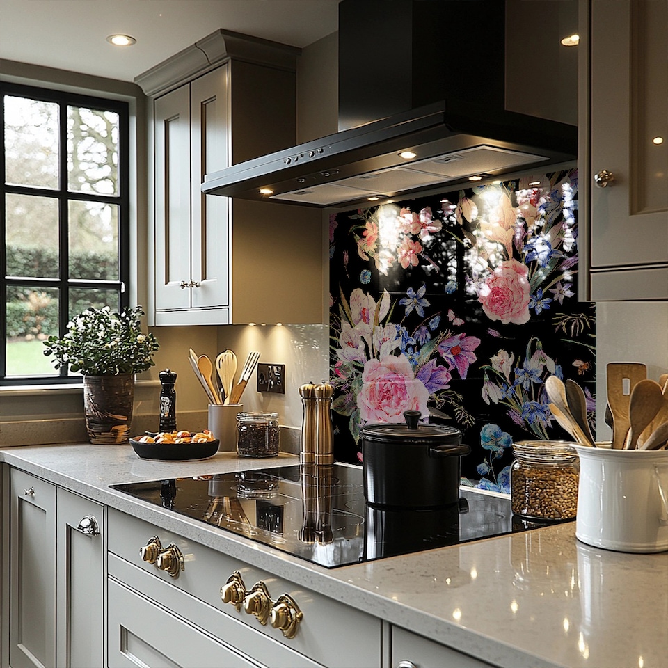 image 1 of Bright Pink Flowers On Black Splash Back | White