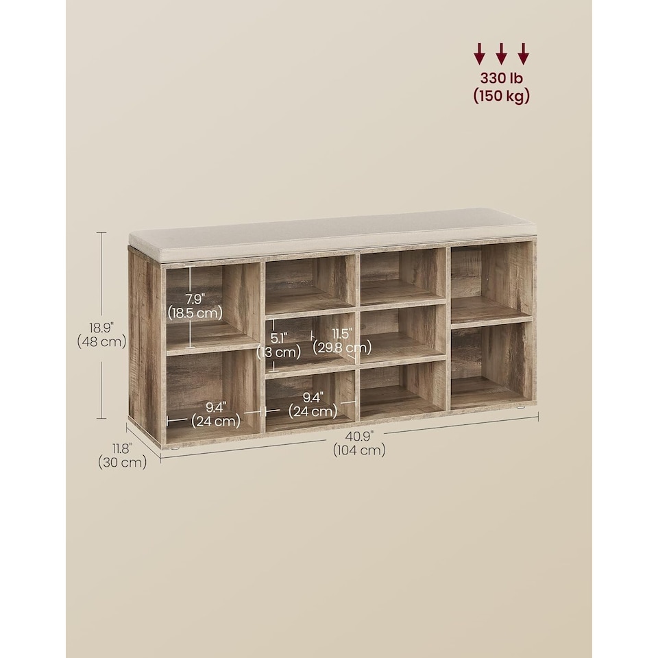 image 1 of Cushioned Shoe Storage Bench with Adjustable Shelves and 10 Compartments, Camel Brown