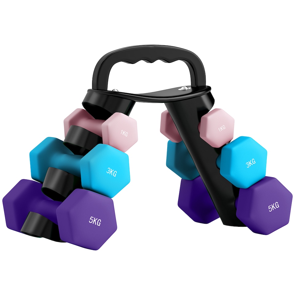 image 1 of SPORTNOW Dumbbells Set with Storage Rack, 2 x 1kg, 2 x 3kg, 2 x 5kg, Pink