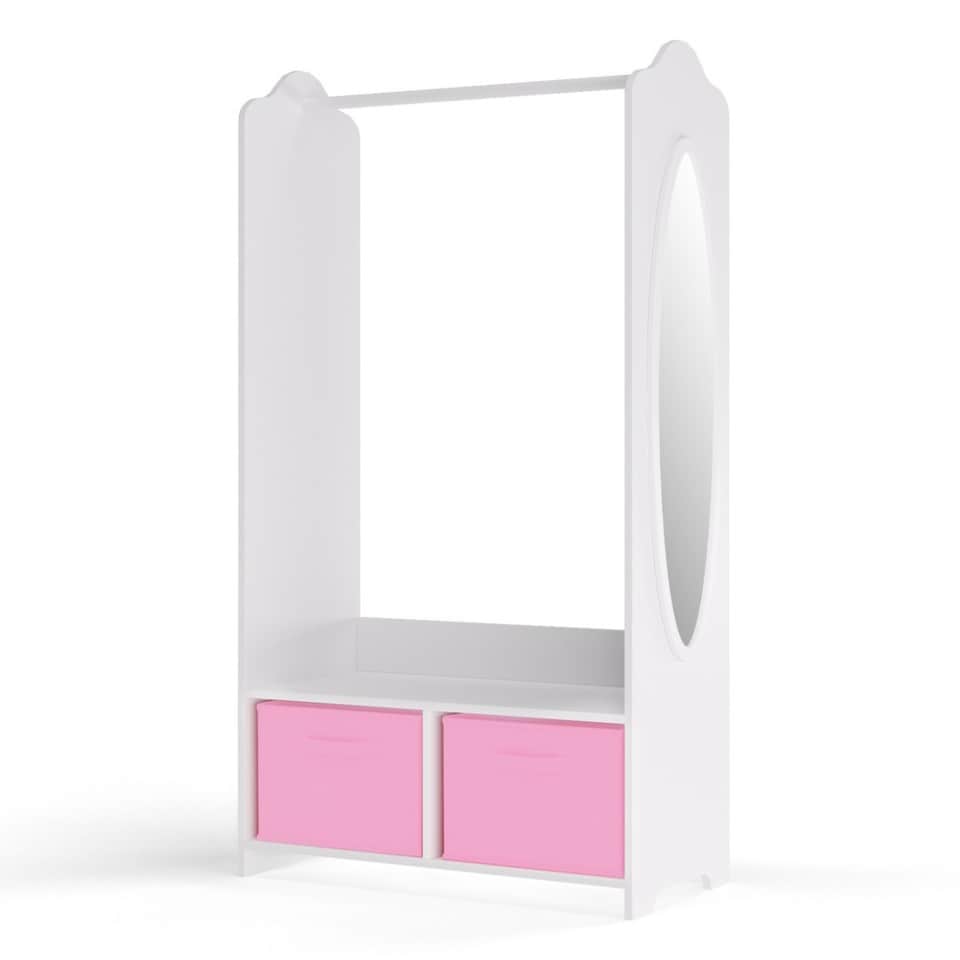 image 1 of Kids MDF Wooden Hanging Clothes Rail Wardrobe Storage Shelves with Inserts Mirror | Pink | Light Pink