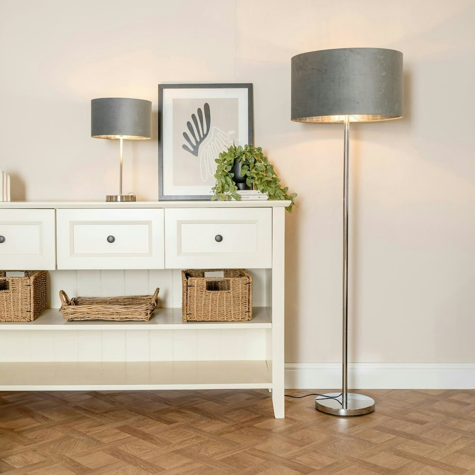 image 1 of ValueLights Charlie Brushed Chrome Table Lamp Black Velvet Shade & Bulb Grey