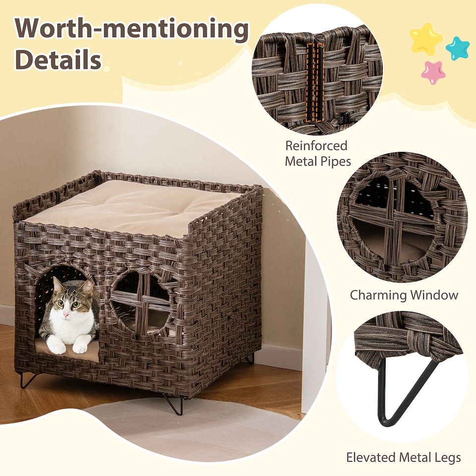 image 1 of COSTWAY Foldable 2-tier Rattan Cat House Wicker Kitten Condo With  Elevated Perch