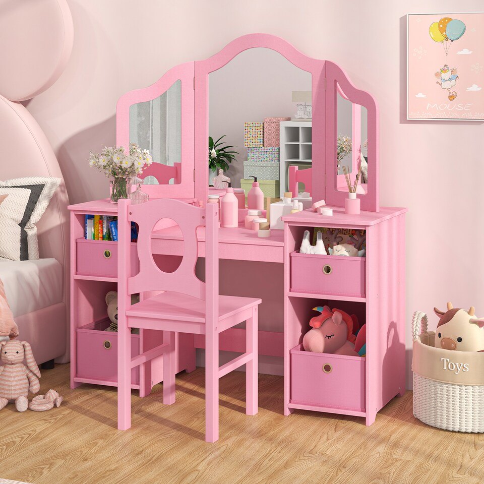 image 1 of COSTWAY Kids Vanity Desk & Chair 2 in 1 Toddler Makeup Pink