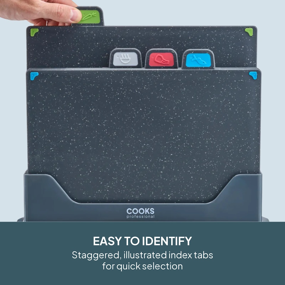 image 1 of Cooks Professional Set of 4 Index Chopping Boards with Stand & Coloured Tabs