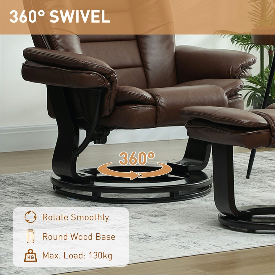 image 1 of HOMCOM Swivel Manual Recliner and Footrest Set PU Leather Chair Brown Brown | Dark Brown