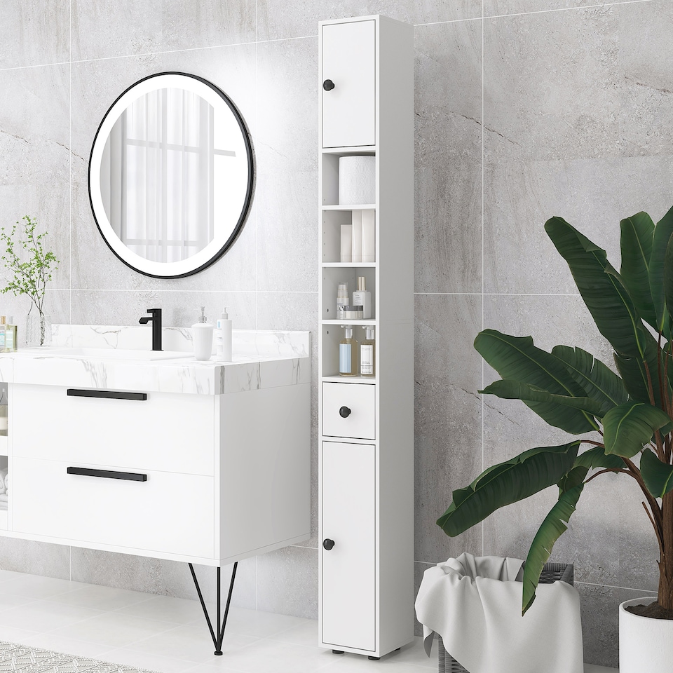image 1 of kleankin 180cm Tall Bathroom Cabinet, Slim Bathroom Storage Cabinet with 4 Open Shelves, 2 Door Cupboards and Adjustable Shelves, White