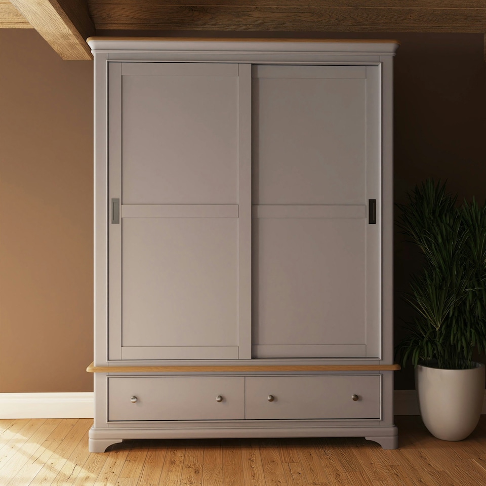 image 1 of Faire 150cm Sliding Combination Wardrobe in Dove Grey with Oak Top Grey