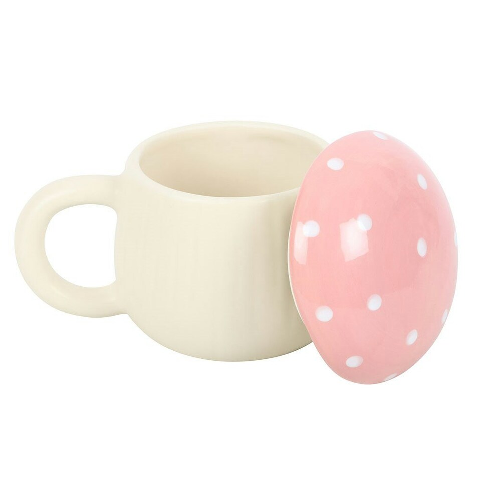 image 1 of Pink & White Mushroom Mug With Lid Cream
