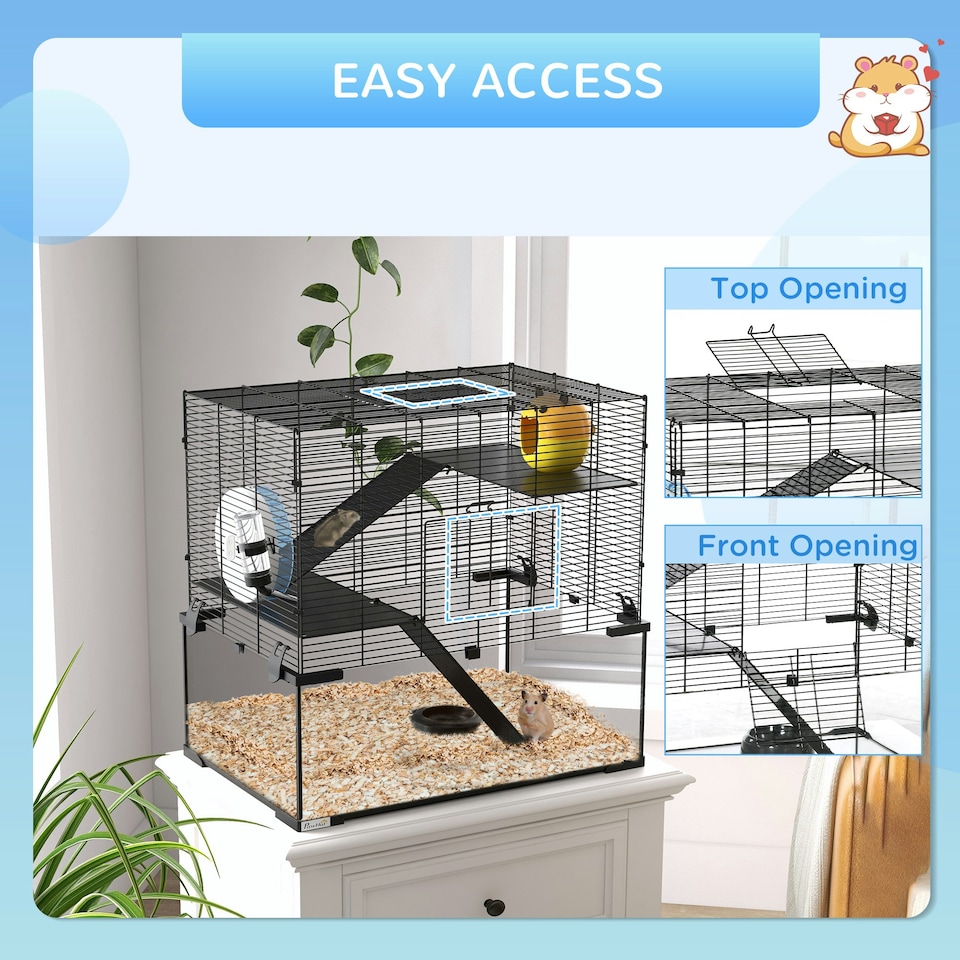 image 1 of PawHut 3 Tiers Hamster Cage w/ Deep Glass Bottom, Dish, Hut, 60 x 40 x 54.5cm