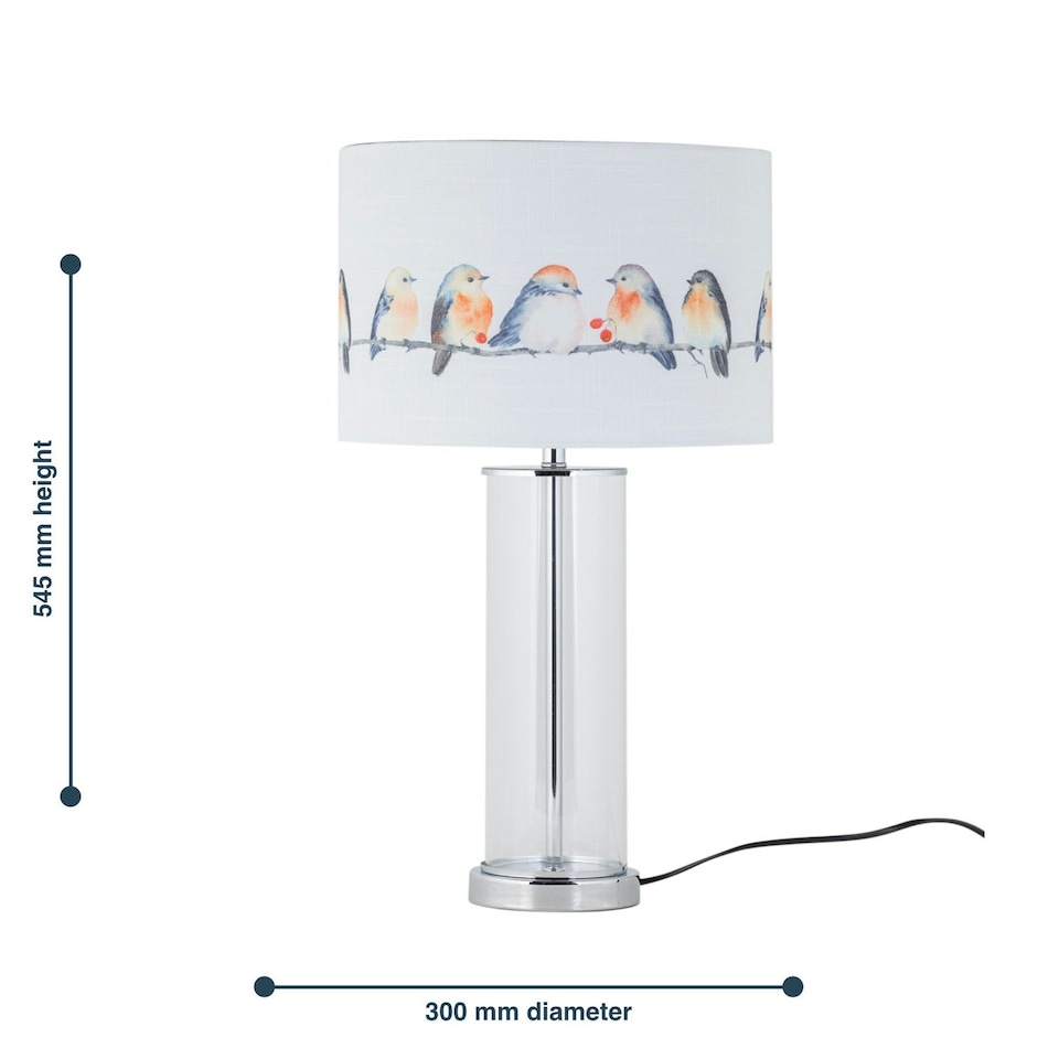 image 1 of Set of 2 Aura - Chrome Table Lamps with Bird Print Linen Shades Chrome | Multi