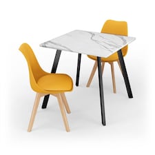 3-Piece Modern Dining Set - 80cm Square Table and 2 Tulip Chairs with Wooden Legs | White | White Marble & Yellow | 3