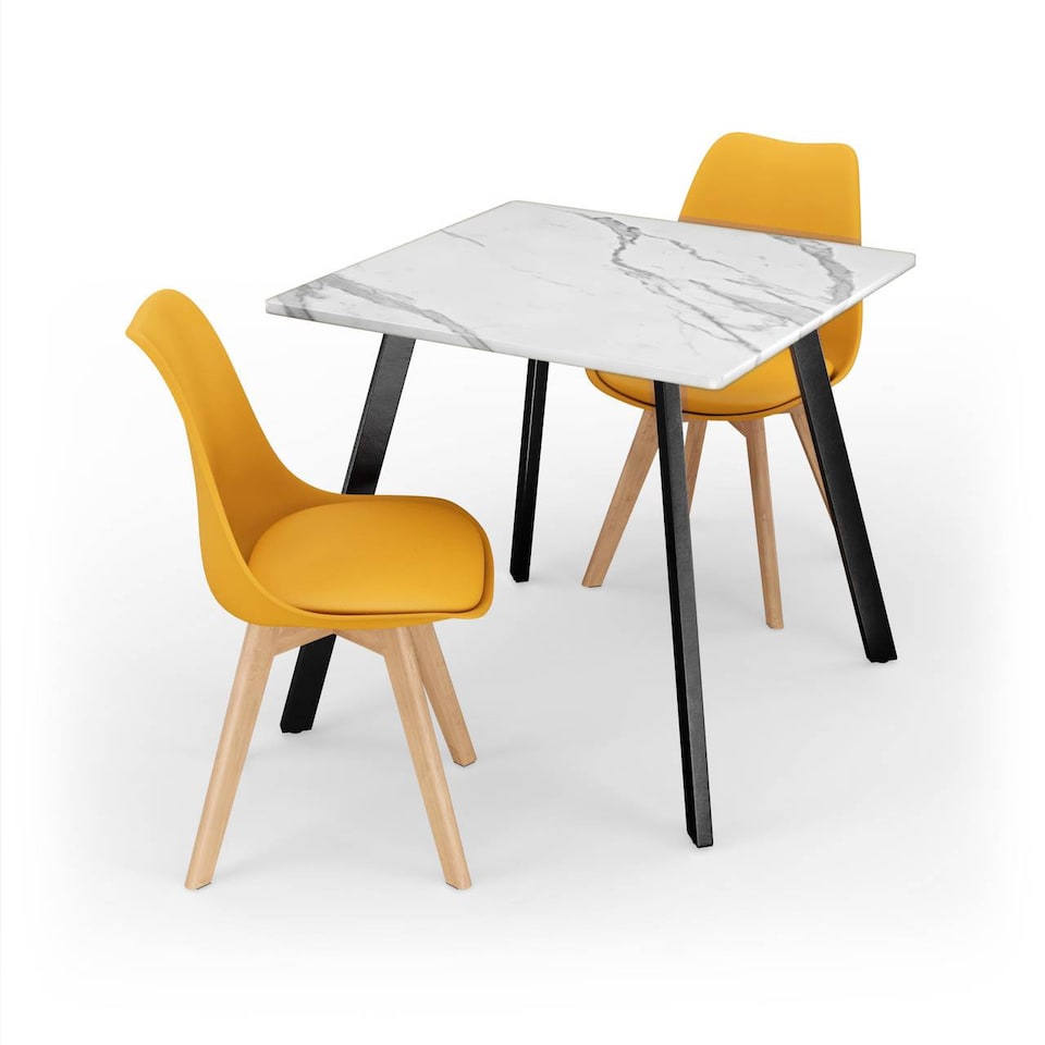 image 1 of 3-Piece Modern Dining Set - 80cm Square Table and 2 Tulip Chairs with Wooden Legs | White | White Marble & Yellow | 3