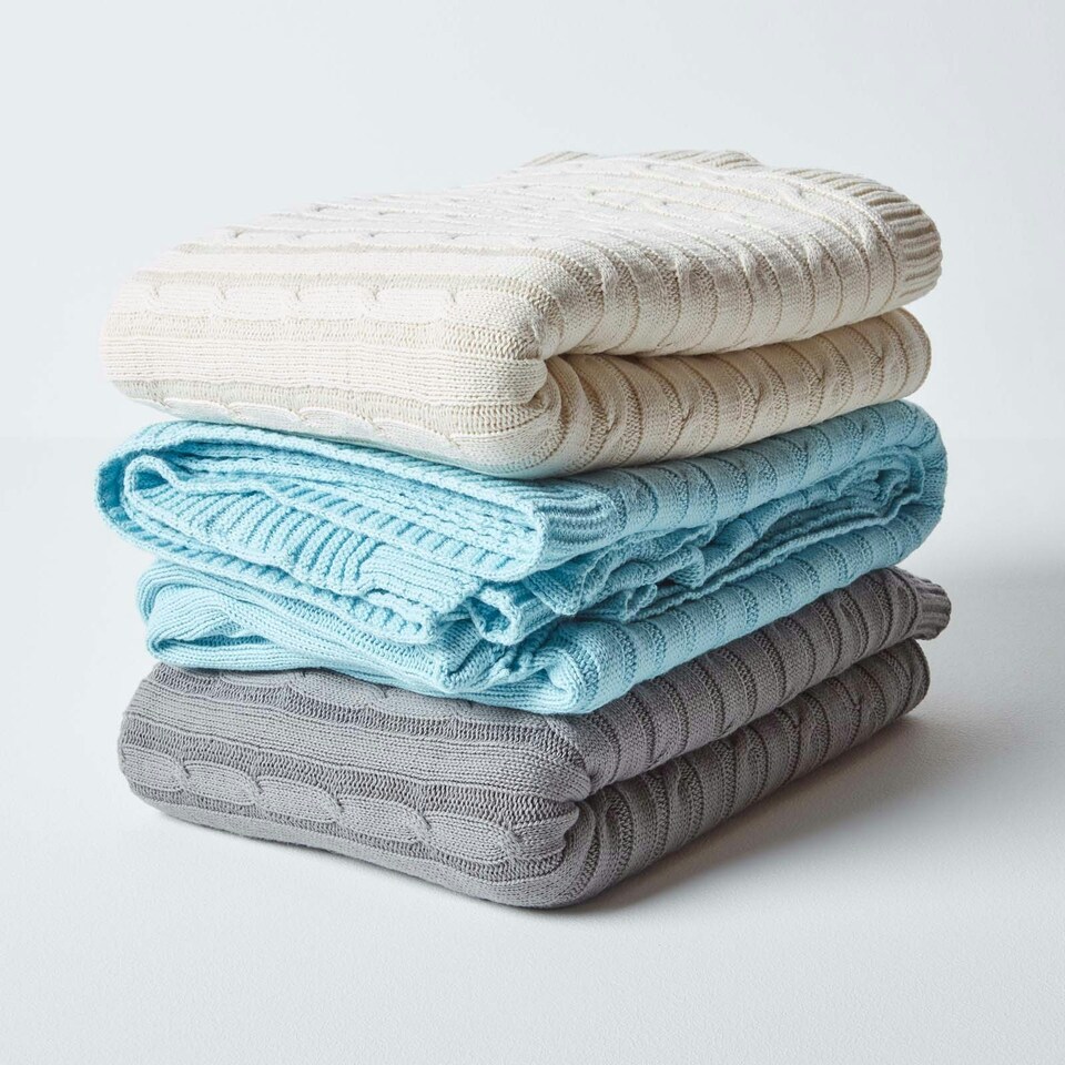 image 1 of Homescapes Cotton Cable Knit Throw - Pastel Blue - 130 x 170 cm | Blue